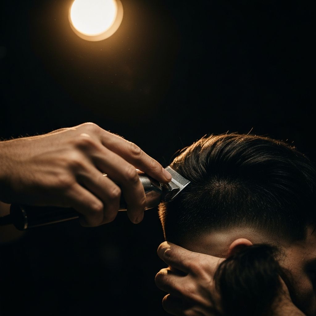 Close-up of a precise fade haircut being done